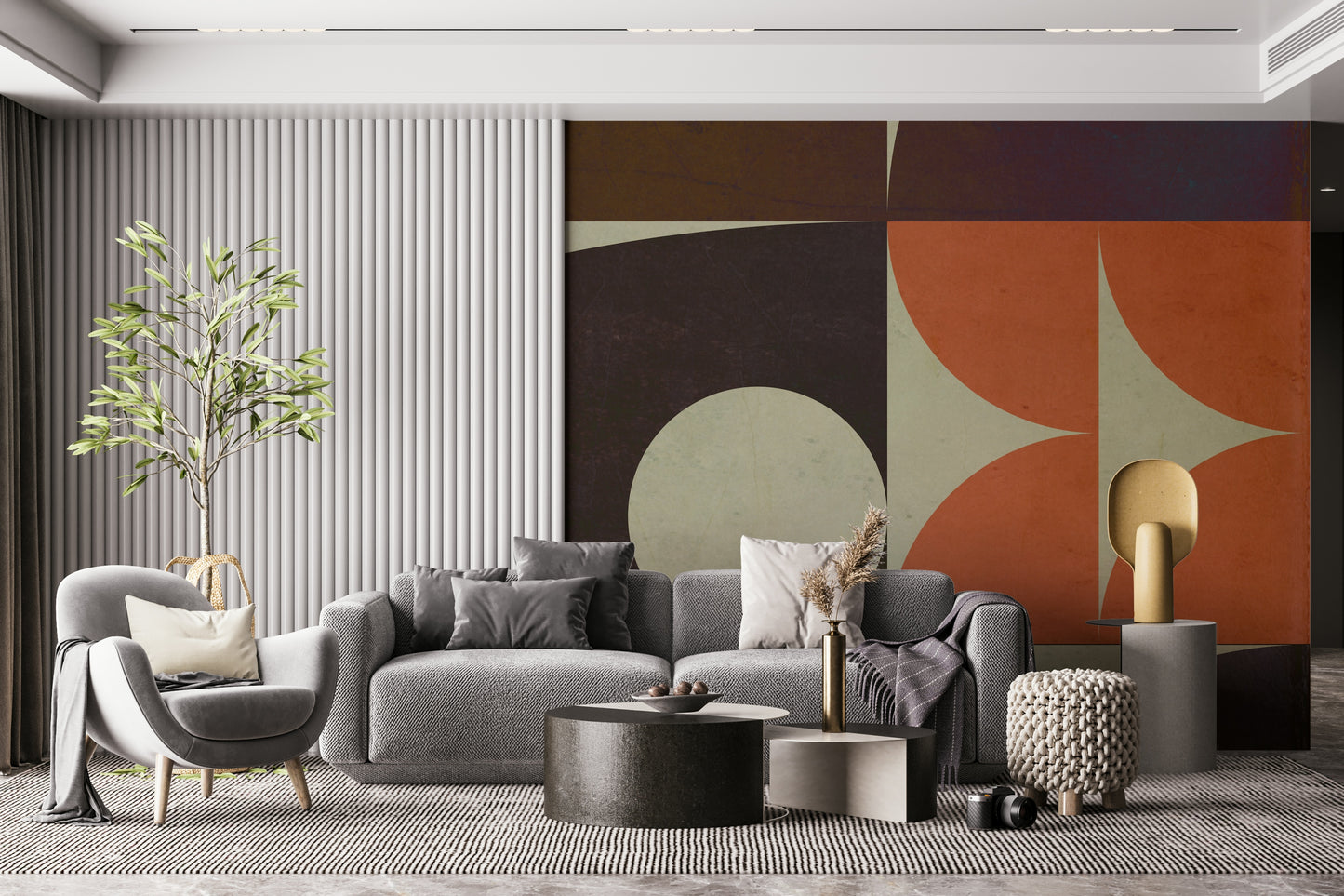 Geometrica fall print featuring burnt orange semicircles on premium wall covering.