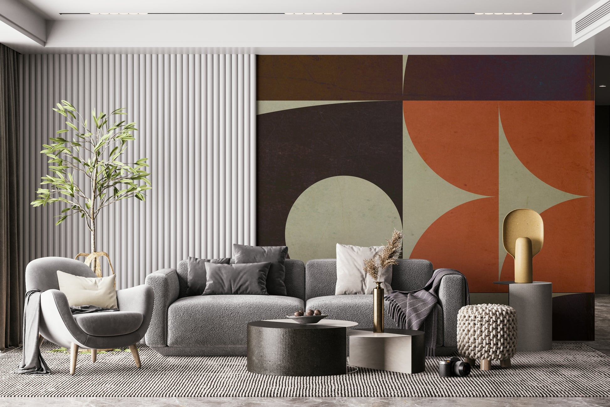 Geometrica fall print featuring burnt orange semicircles on premium wall covering.