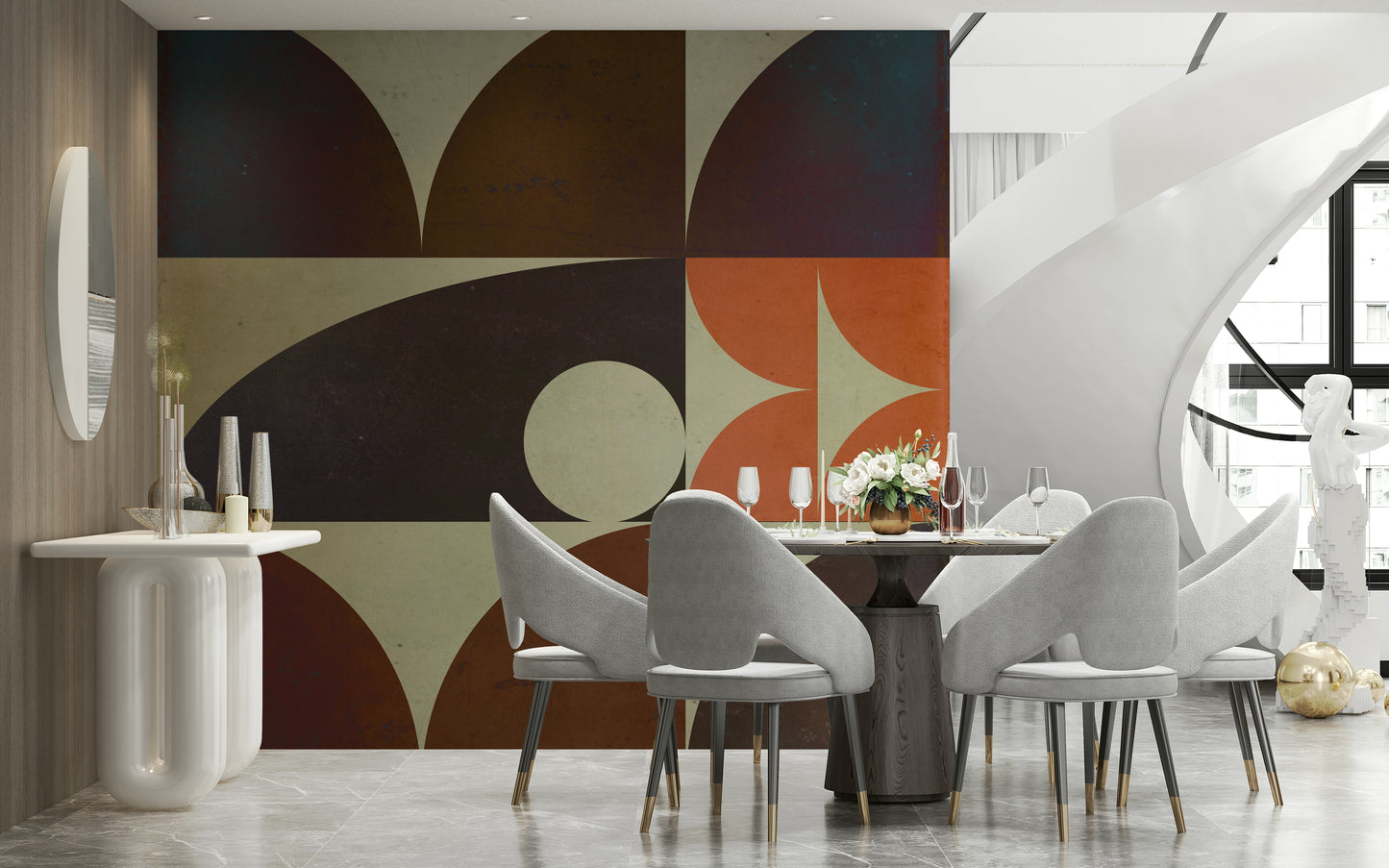 Geometrica 18 fall wallpaper featuring abstract rust and navy shapes for modern interiors.
