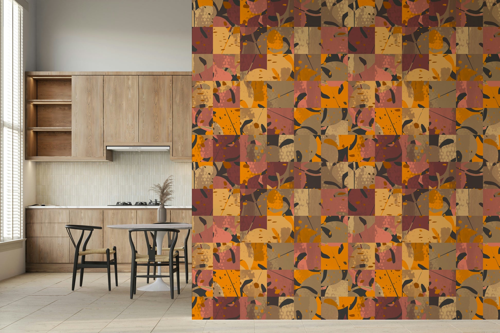 Warm autumnal tones Abstract Patchwork wall mural segmented pattern.
