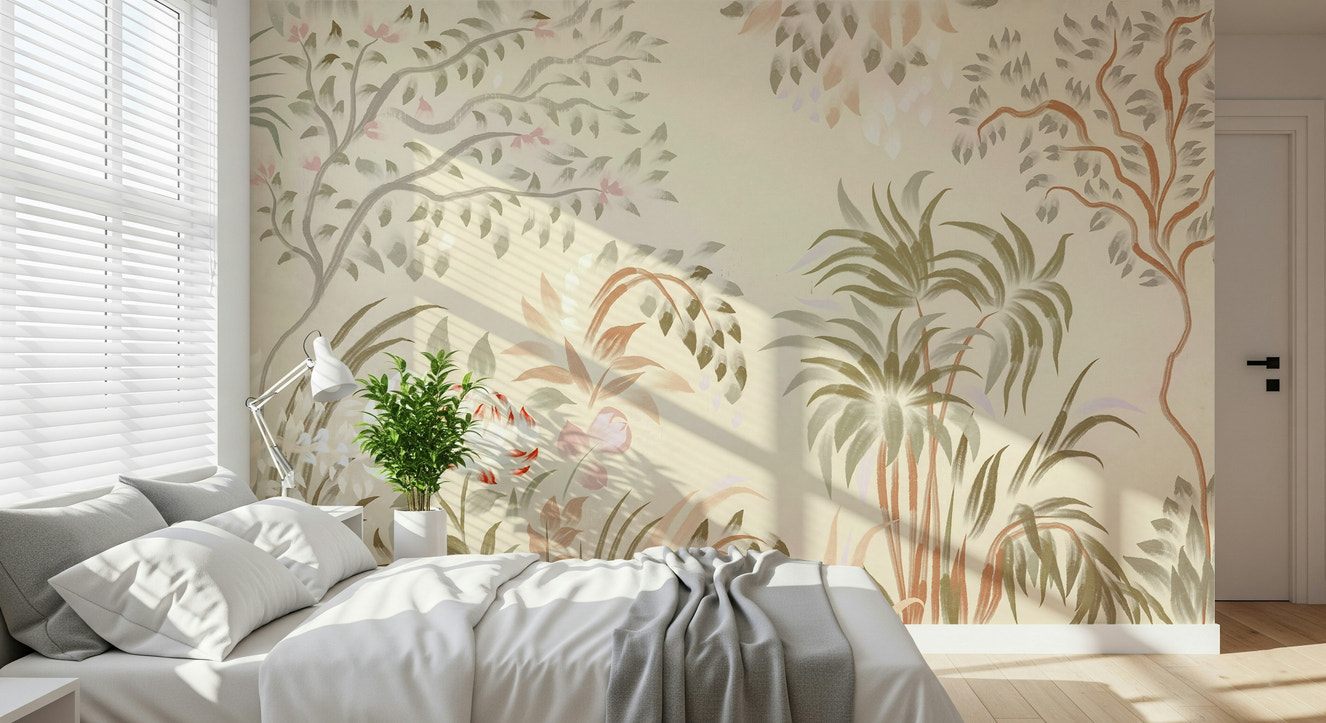 Garden Whispers mural wallpaper features soft, delicate floral illustration.