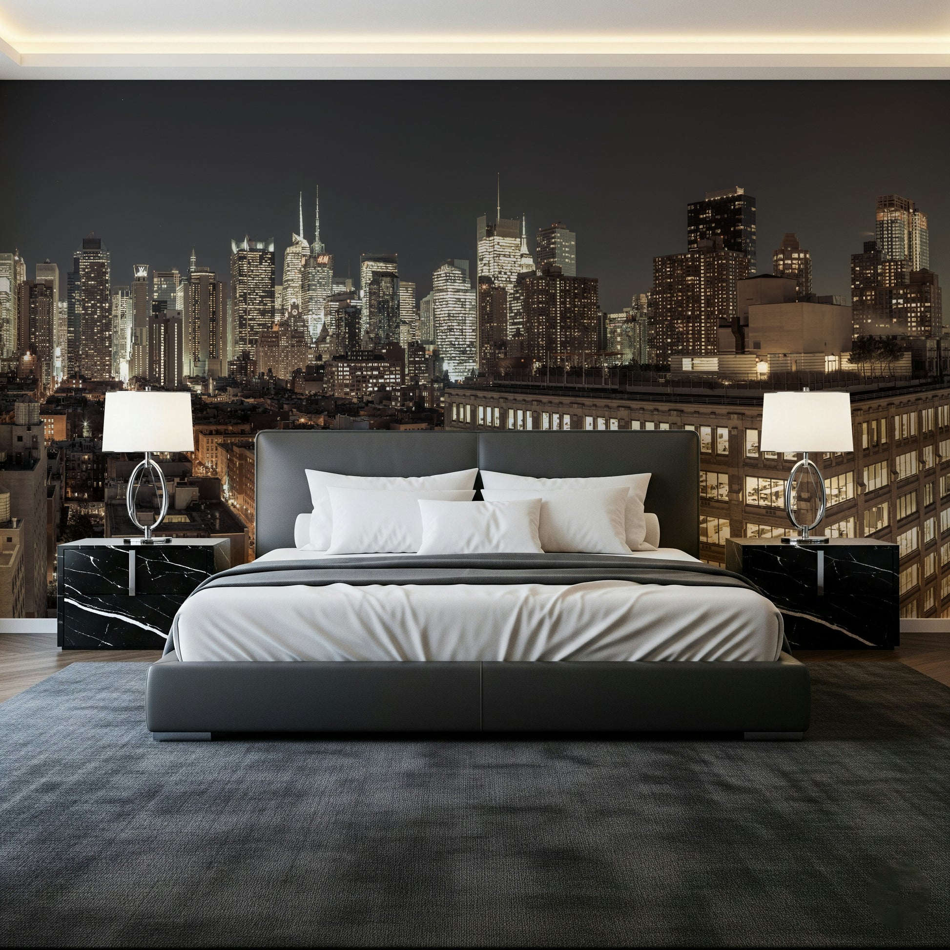 Stunning Metropolis City Lights wall mural twilight view building art.