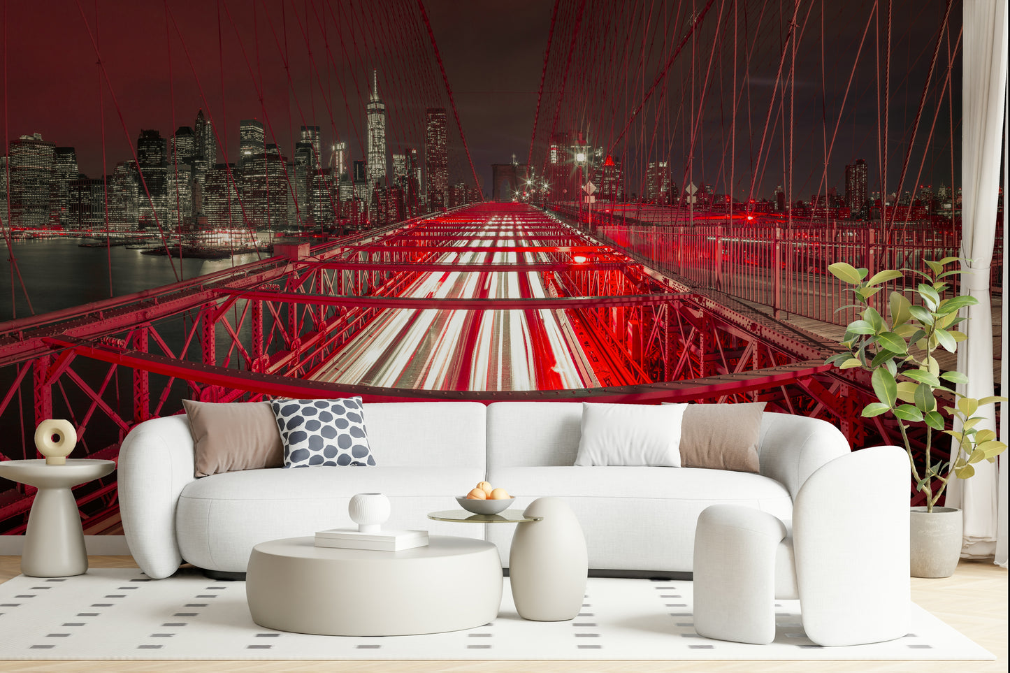 Night skyline wall art Crimson City Lights illuminated dynamic bridge.