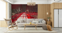 Dramatic wallpaper Crimson view traffic streaks Manhattan skyline.