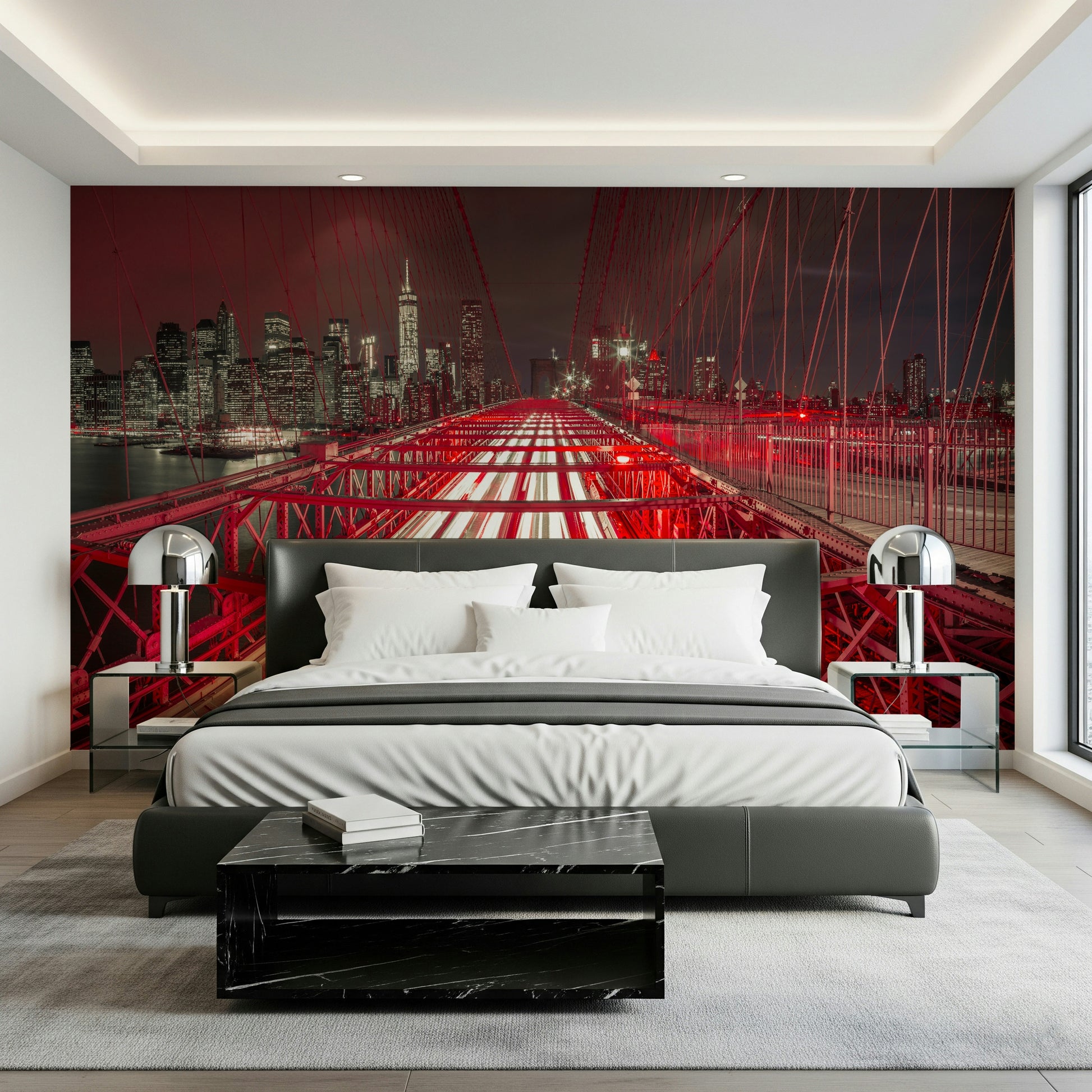Captivating Crimson City Lights wall mural bridge stunning design.
