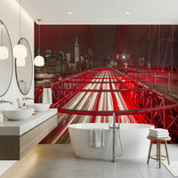 Red steel bridge wall mural night traffic light streaks dynamic.
