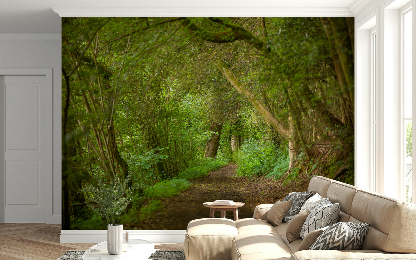 Emerald Forest Journey wallpaper peaceful sylvan path illustration.