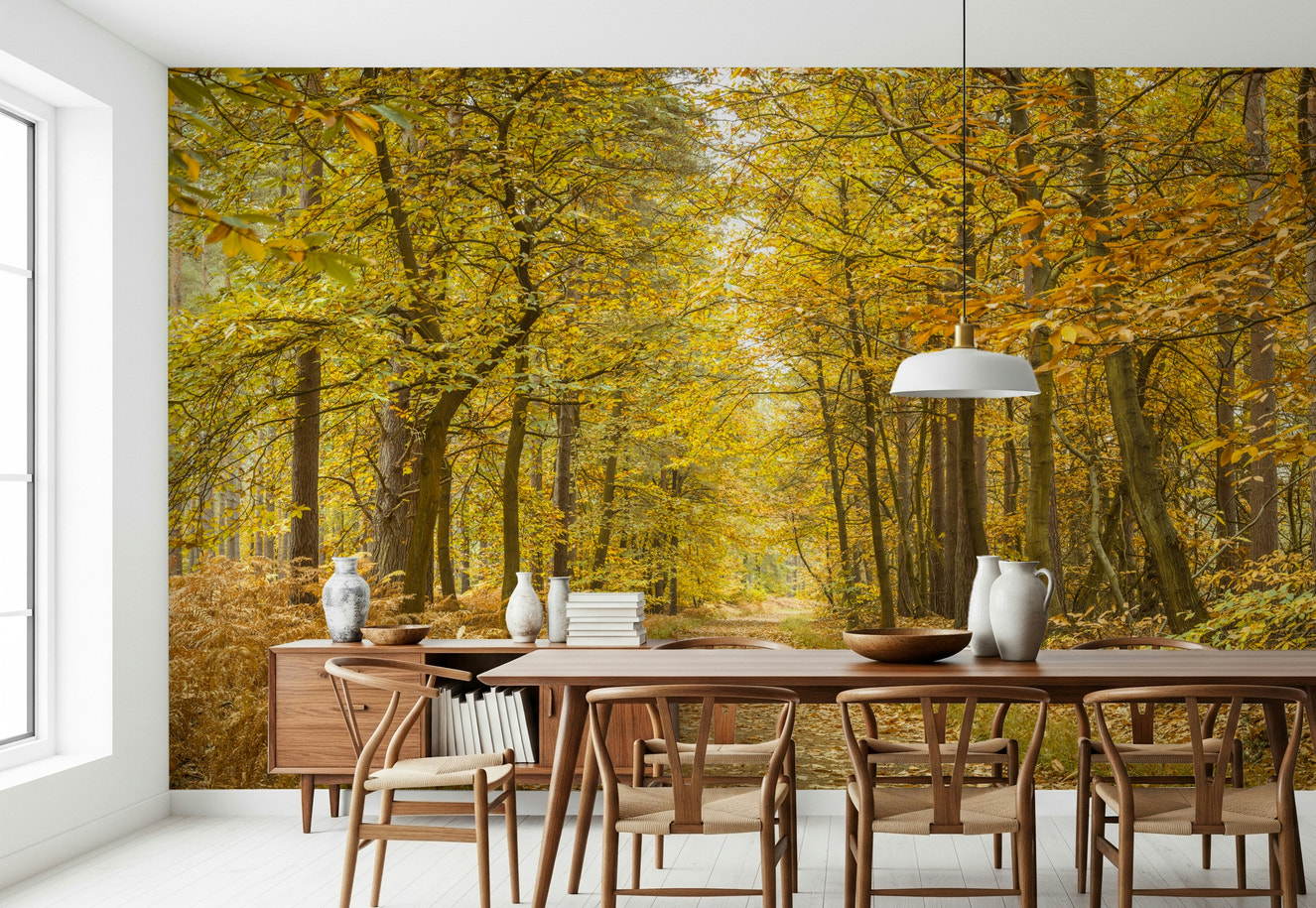 Golden Canopy Trail mural wallpaper autumnal forest pathway scene vista.