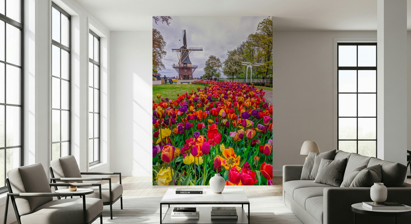 Tulip Windmill Garden wallpaper vibrant flowers Dutch landmark scene