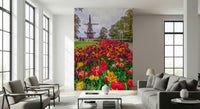 Tulip Windmill Garden wallpaper vibrant flowers Dutch landmark scene
