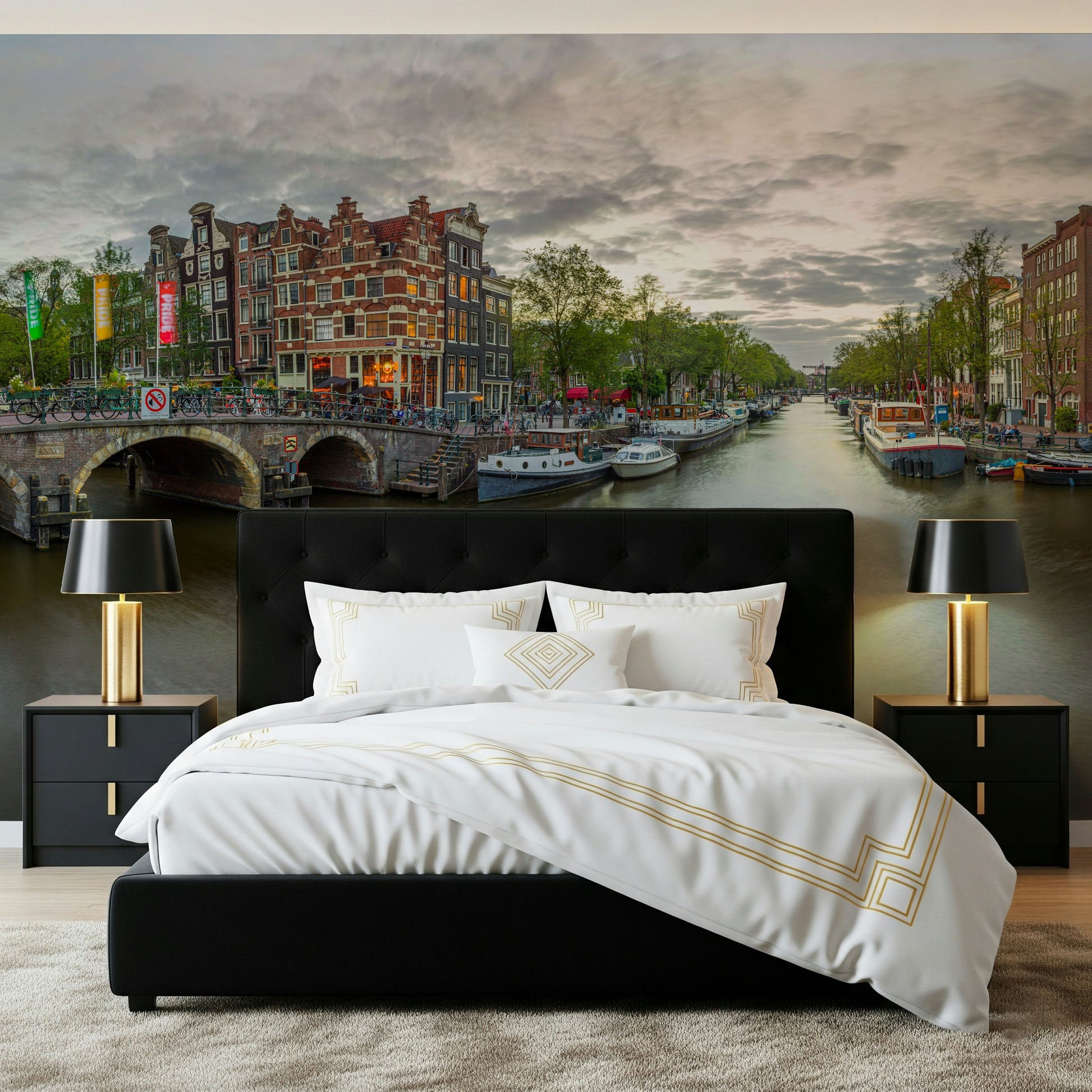 Amsterdam Canal Charm wallpaper for walls historic houses evening light