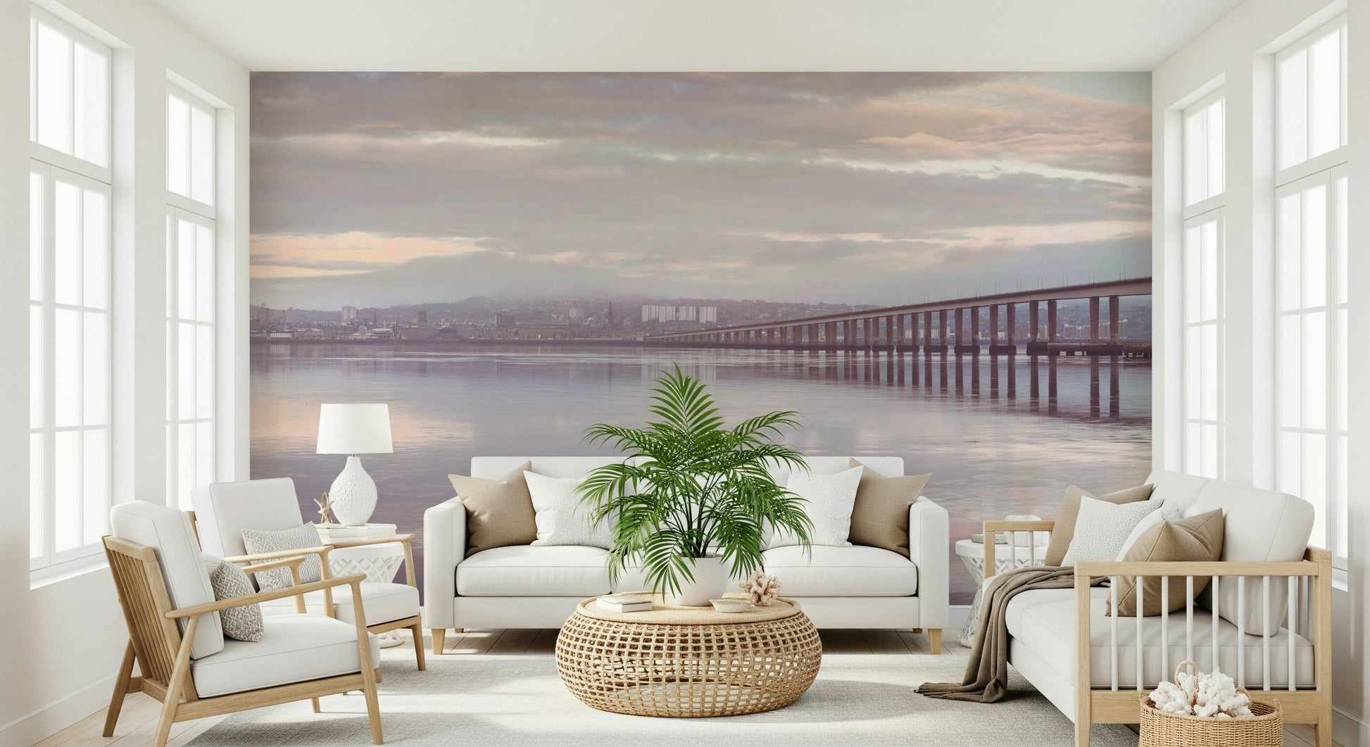 Panoramic wall mural Misty Bridge industrial city far distance