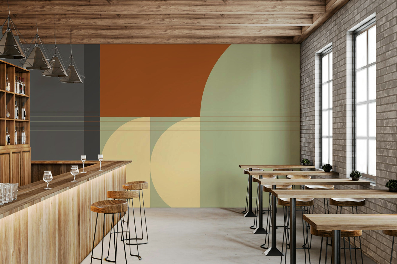 Retro Rhythm wall mural bold terracotta, sage, and gray geometric forms.