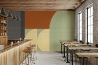 Retro Rhythm wall mural bold terracotta, sage, and gray geometric forms.