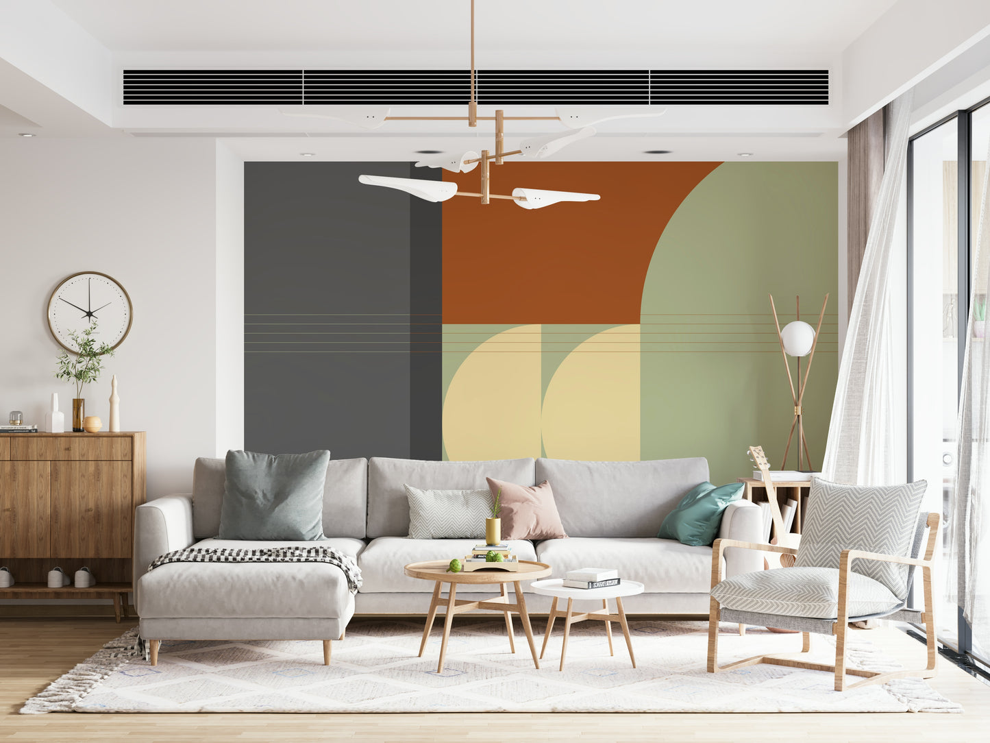 Mid-century style wallpaper for walls, featuring muted colors and shapes.