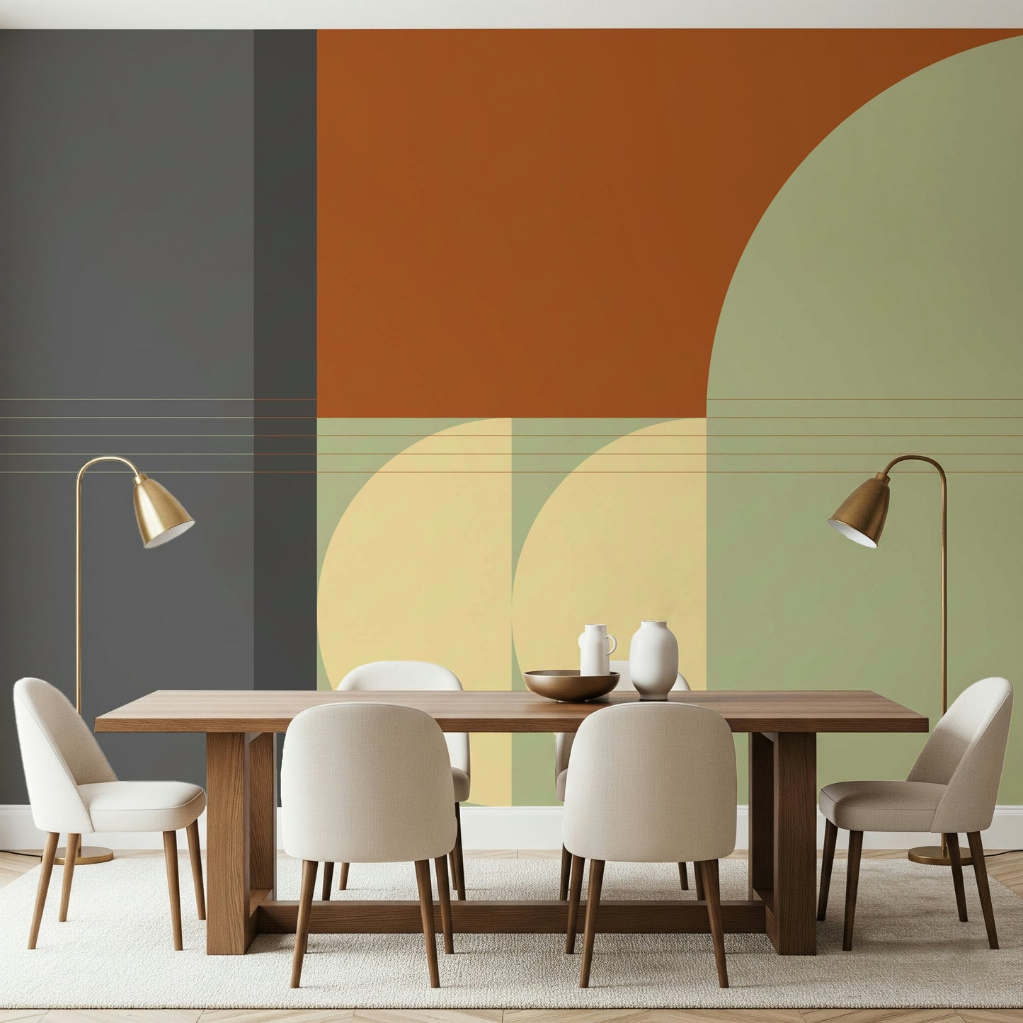 Warm colors meet cool gray in this stunning abstract mural. Retro Rhythm art.