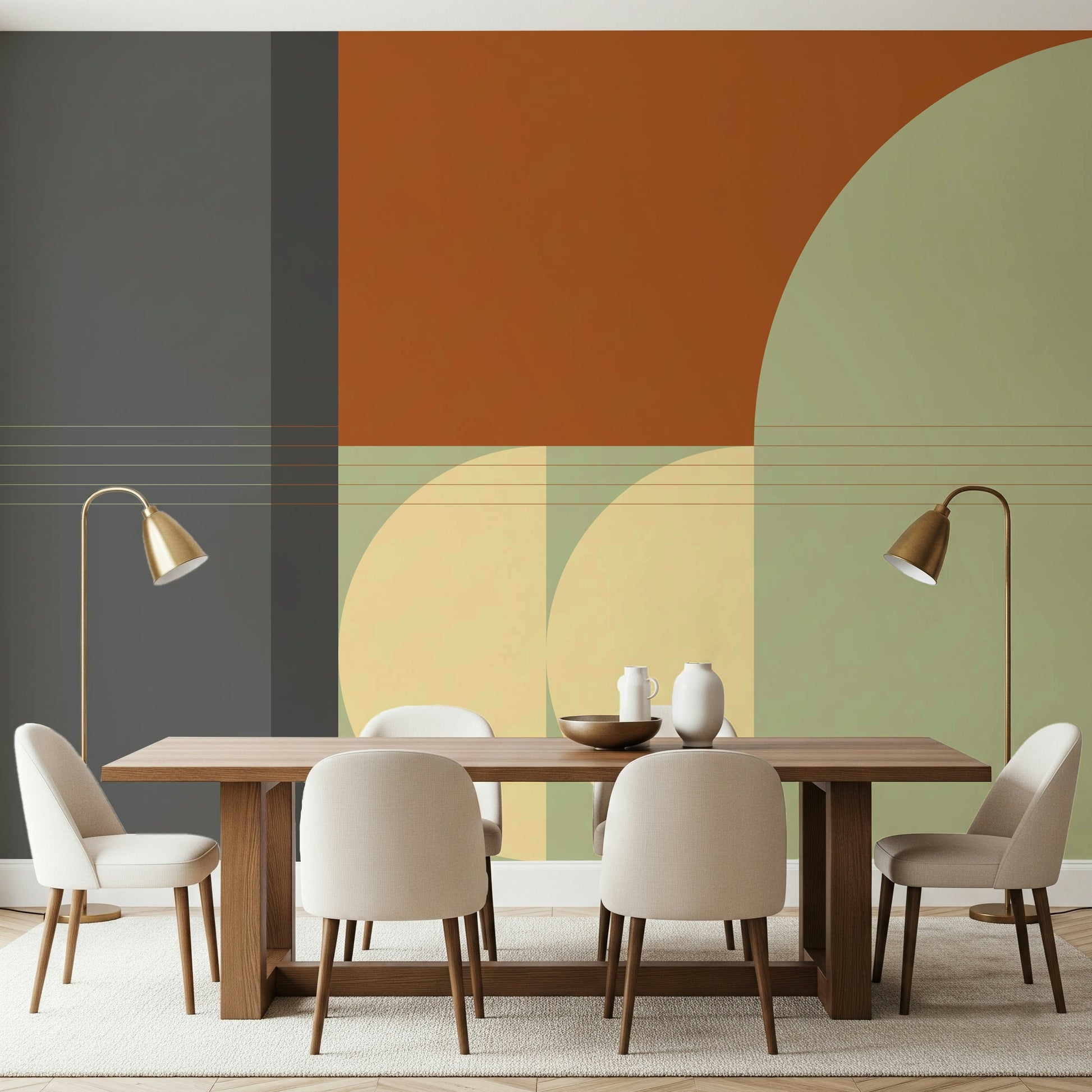 Warm colors meet cool gray in this stunning abstract mural. Retro Rhythm art.
