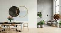 Minimal Abstract Composition wall mural, charcoal circle, golden ring, light blue geometric shape.