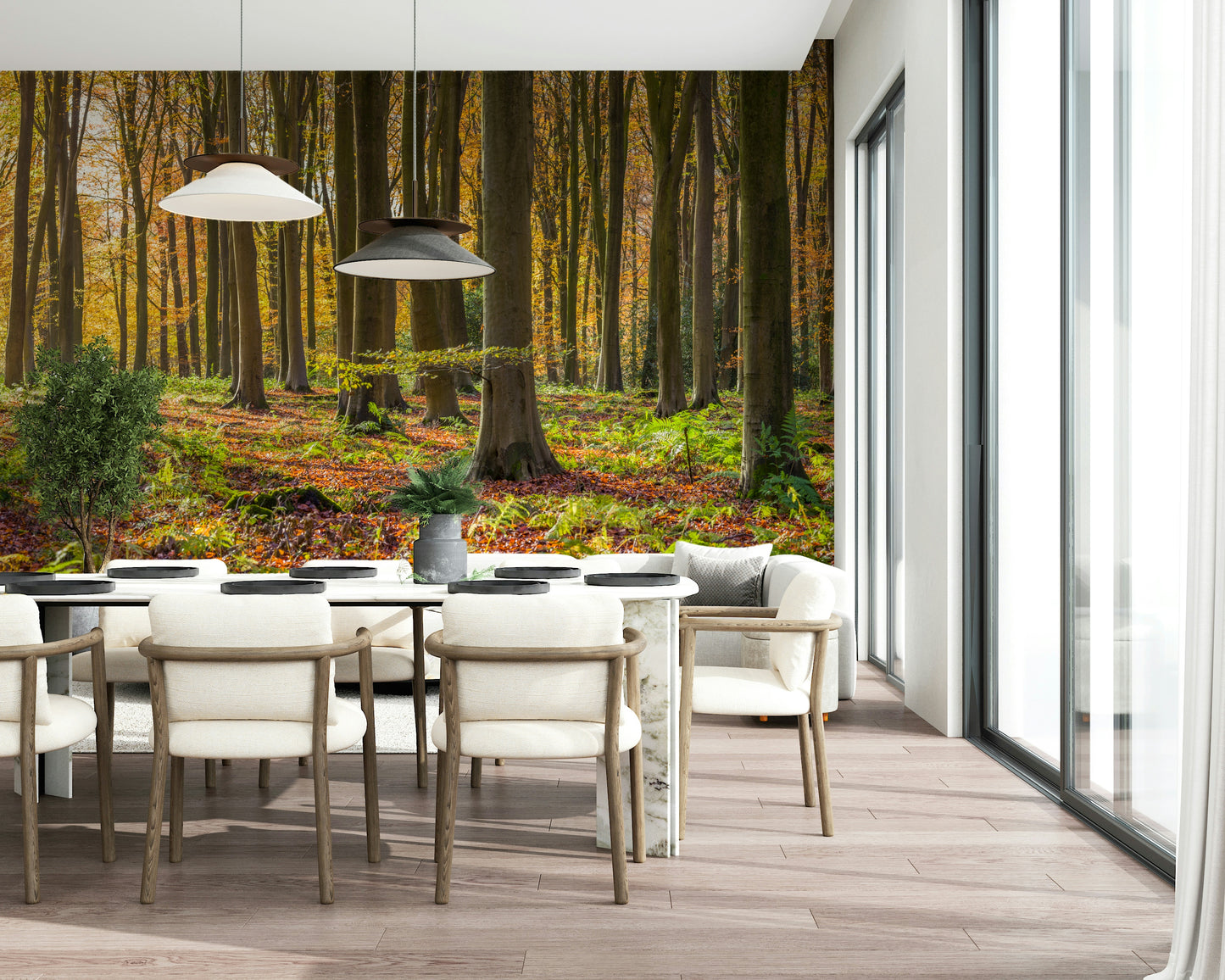 Golden light filtering through Gilded Woods wall covering scenery.