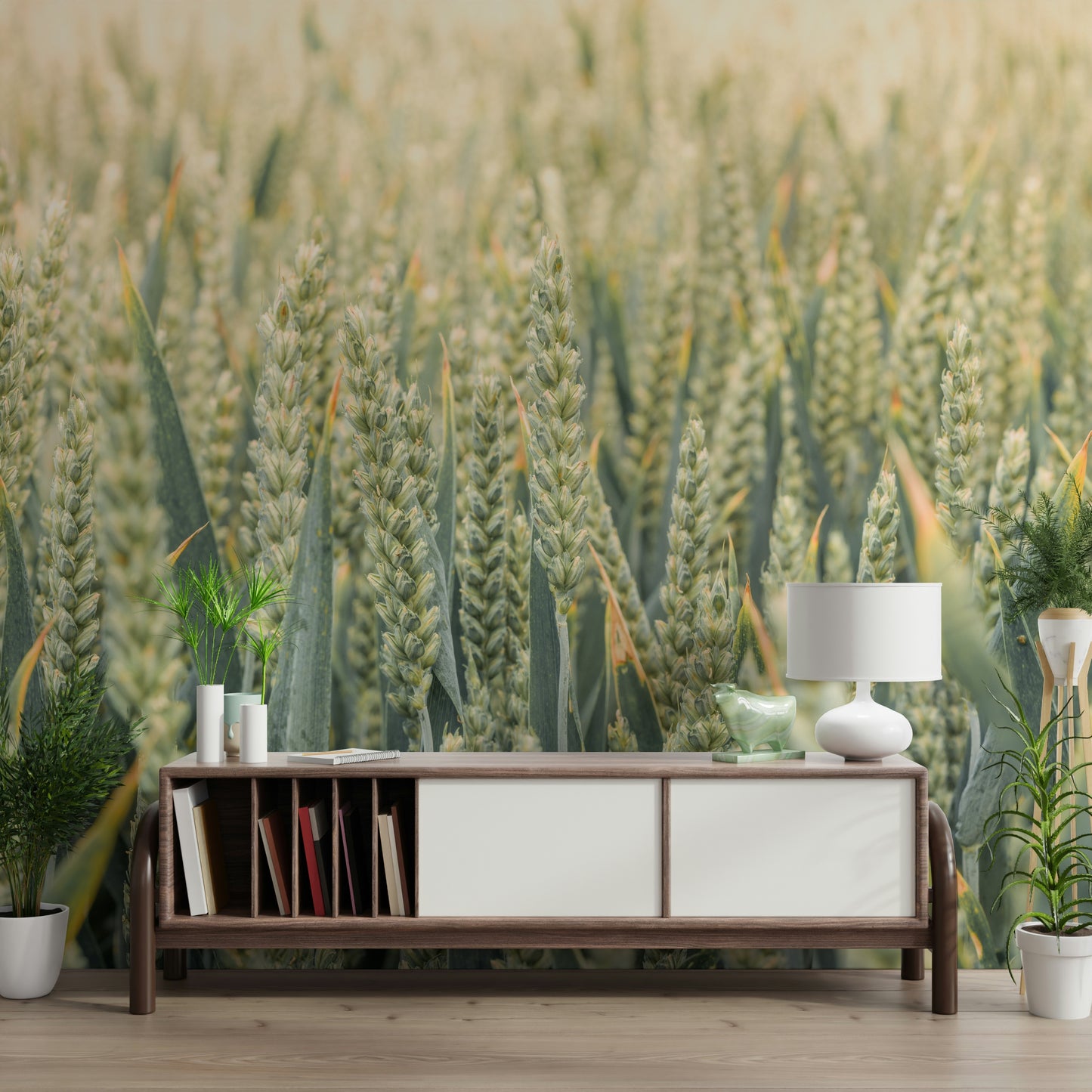 Golden wheat clusters blending into a soft horizon in a tranquil wallpaper scene.