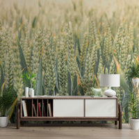 Golden wheat clusters blending into a soft horizon in a tranquil wallpaper scene.