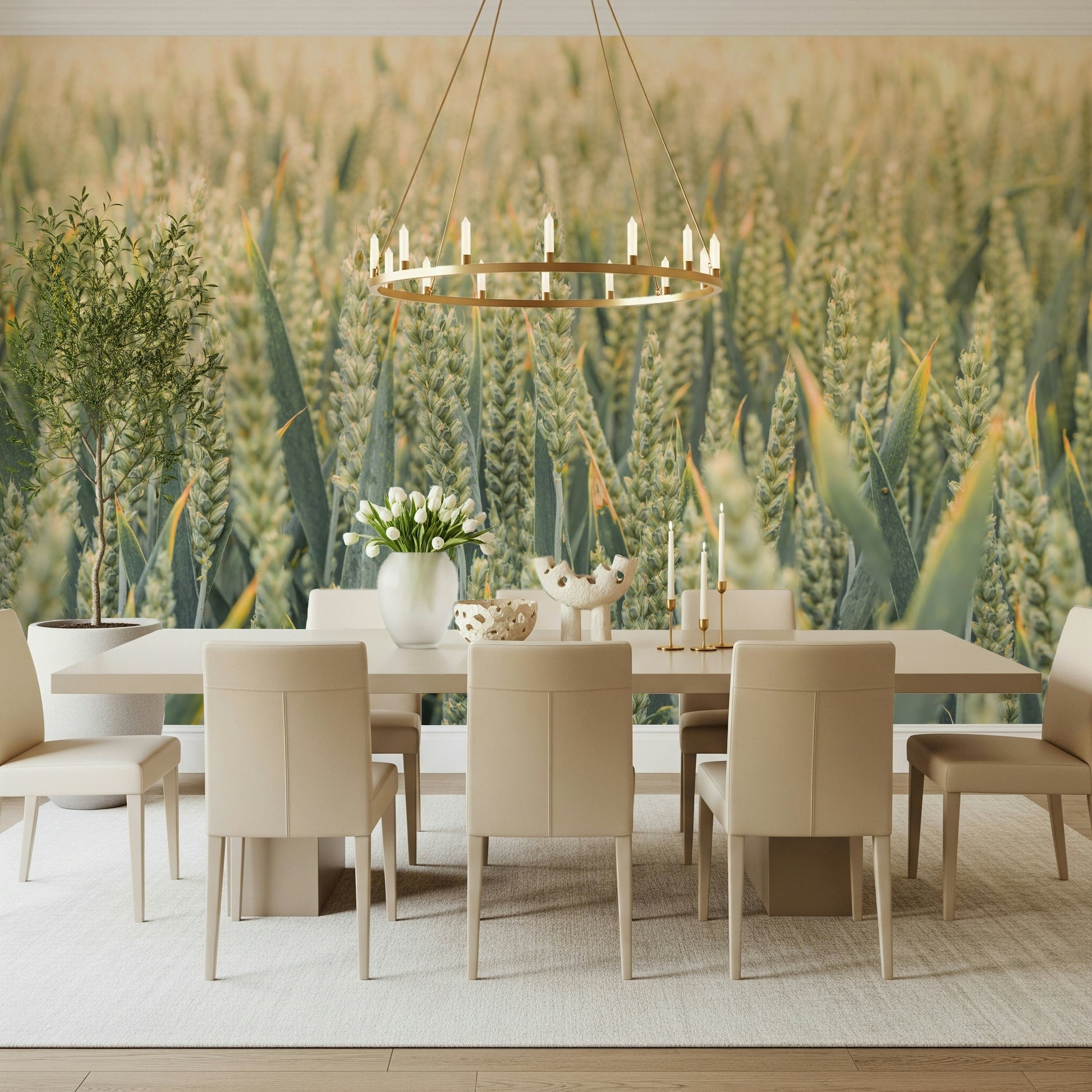 A rustic wallpaper with golden wheat stems arranged in a soft, flowing pattern.