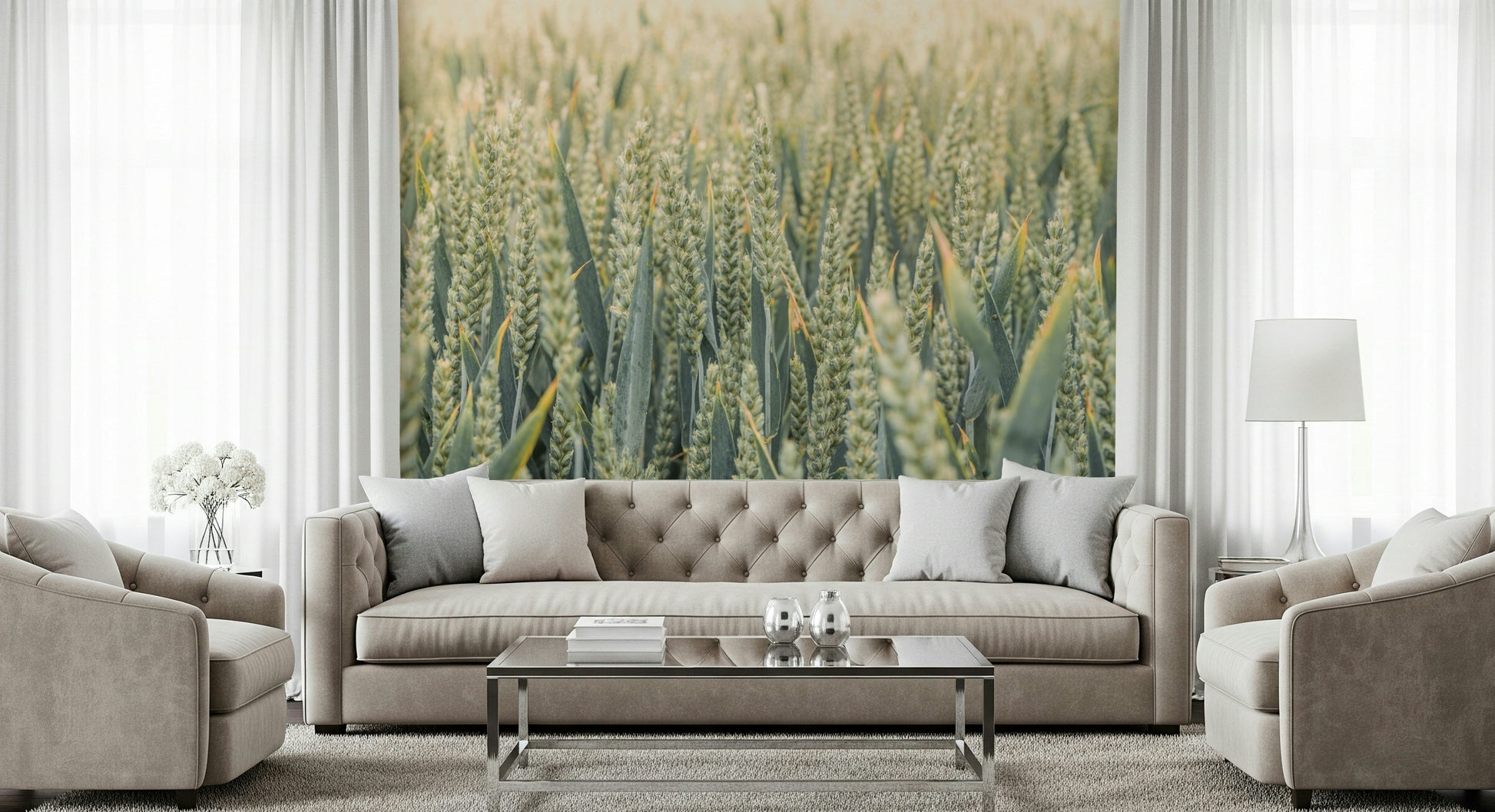Soft, dreamy wheat stalks forming a calming countryside wallpaper design.