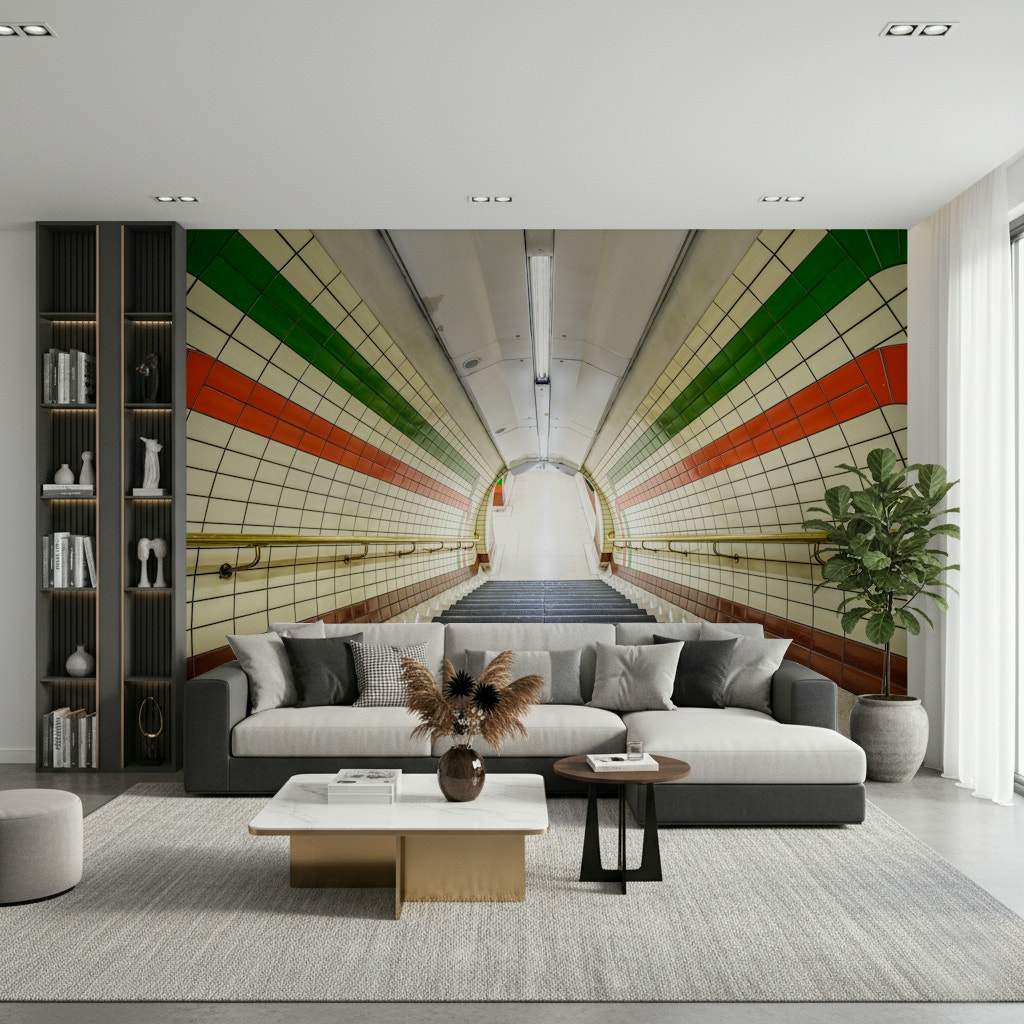 A subway tunnel wallpaper featuring tiled walls with bold green and red stripes descending toward a bright exit.