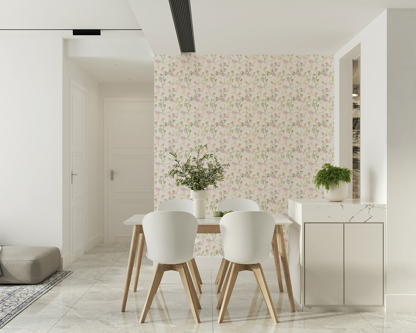 vintage-style floral wallpaper with pink flowers and fluttering birds