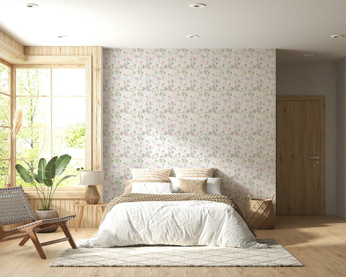 whimsical wallpaper with green vines, pink blossoms, and small flying birds