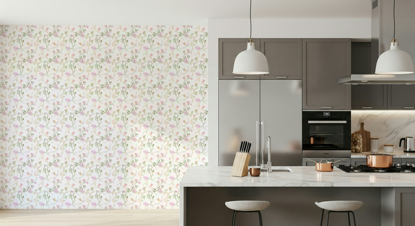 soft pastel wallpaper featuring floral branches and gentle bird illustrations