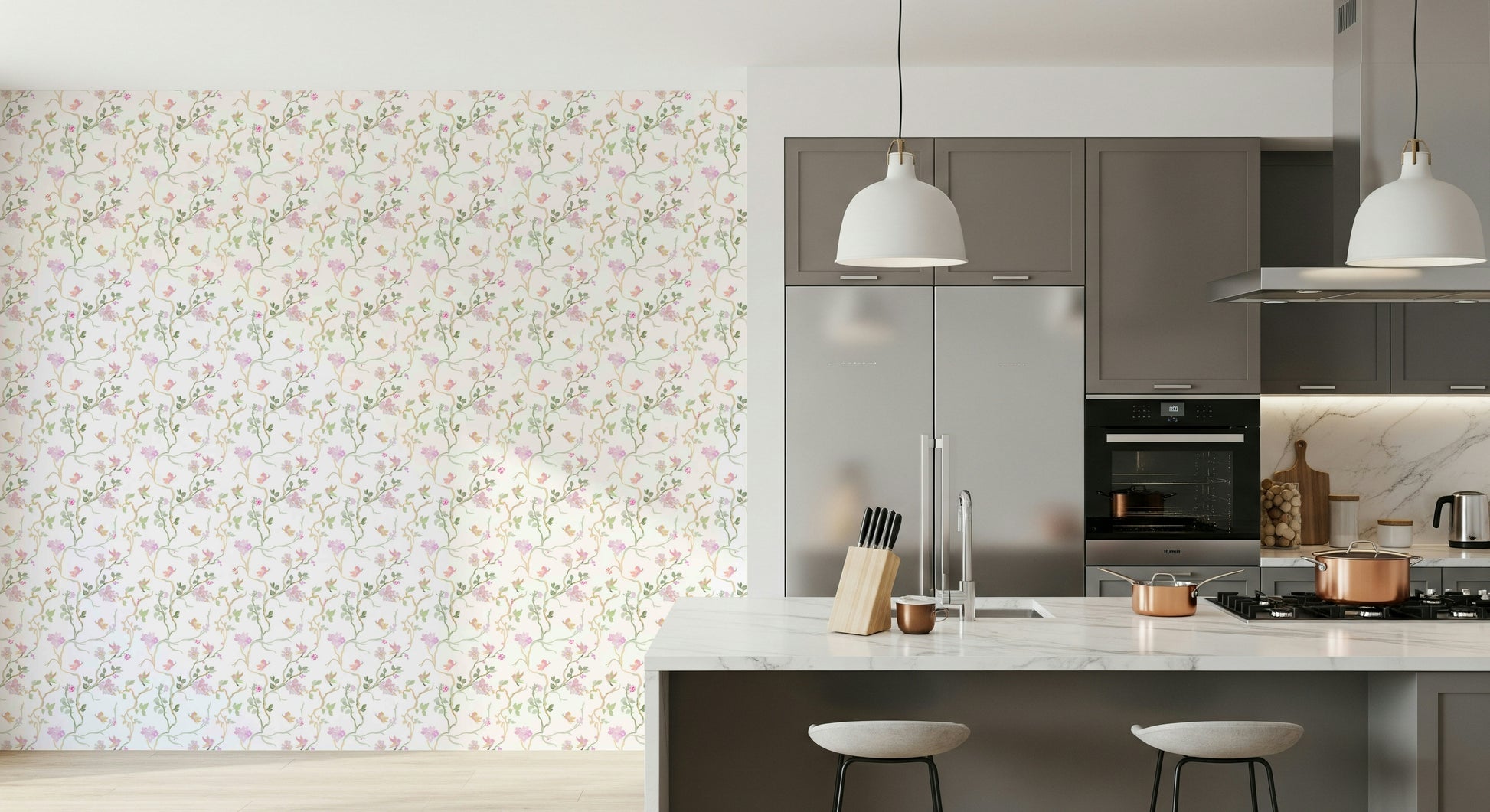 soft pastel wallpaper featuring floral branches and gentle bird illustrations