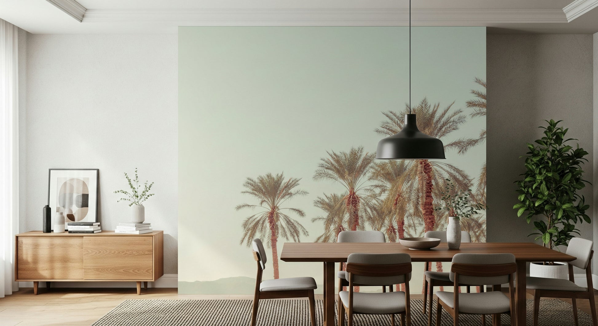 Soft sunset-washed palm tree wallpaper creating a tranquil oasis atmosphere.