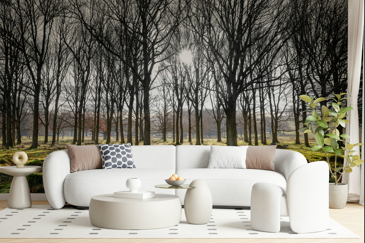 Peaceful forest mural depicting aligned trees and glowing sunlight on the forest floor.