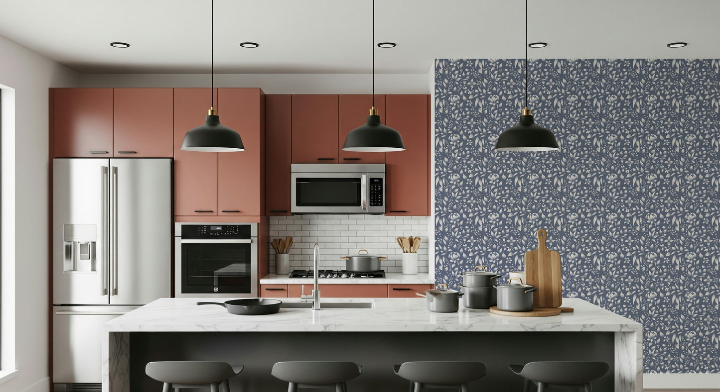 Leafy botanical wallpaper creating a soft, calming atmosphere with neutral colors.