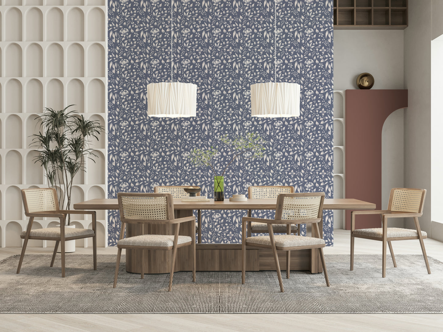 Soft gray wallpaper adorned with repeated foliage patterns for a natural feel.