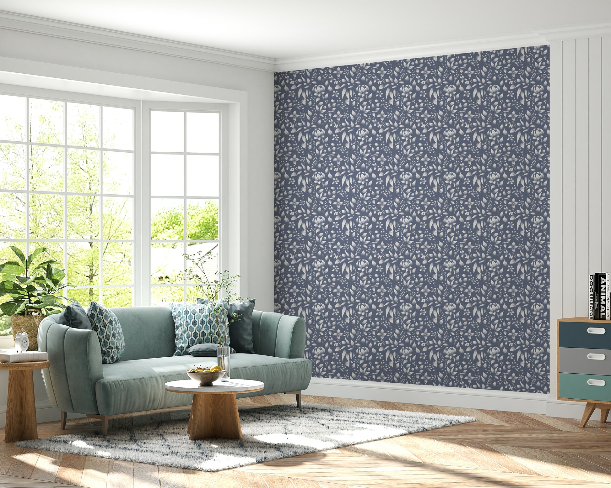 Repeating leaf motif wallpaper in soothing gray and cream tones for a serene look.