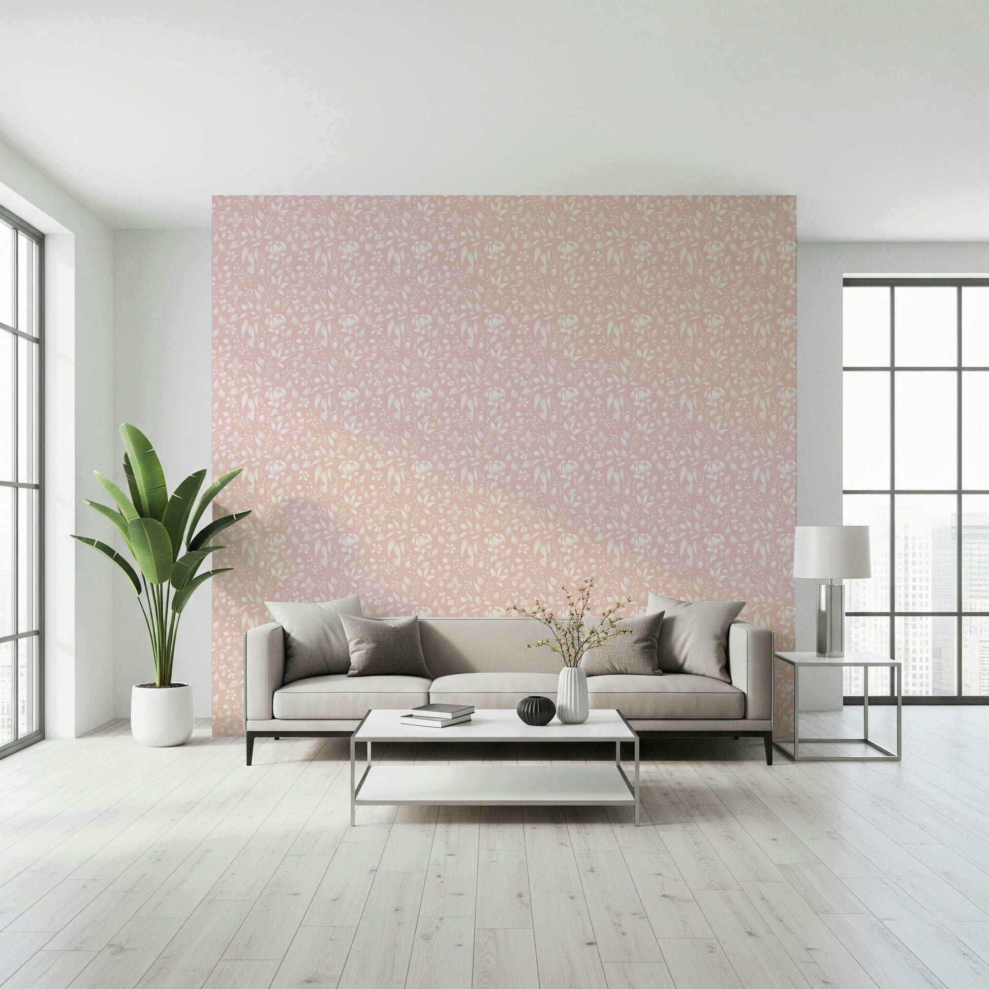 A refined blush wallpaper patterned with tiny blooming flowers to bring a light spring charm.