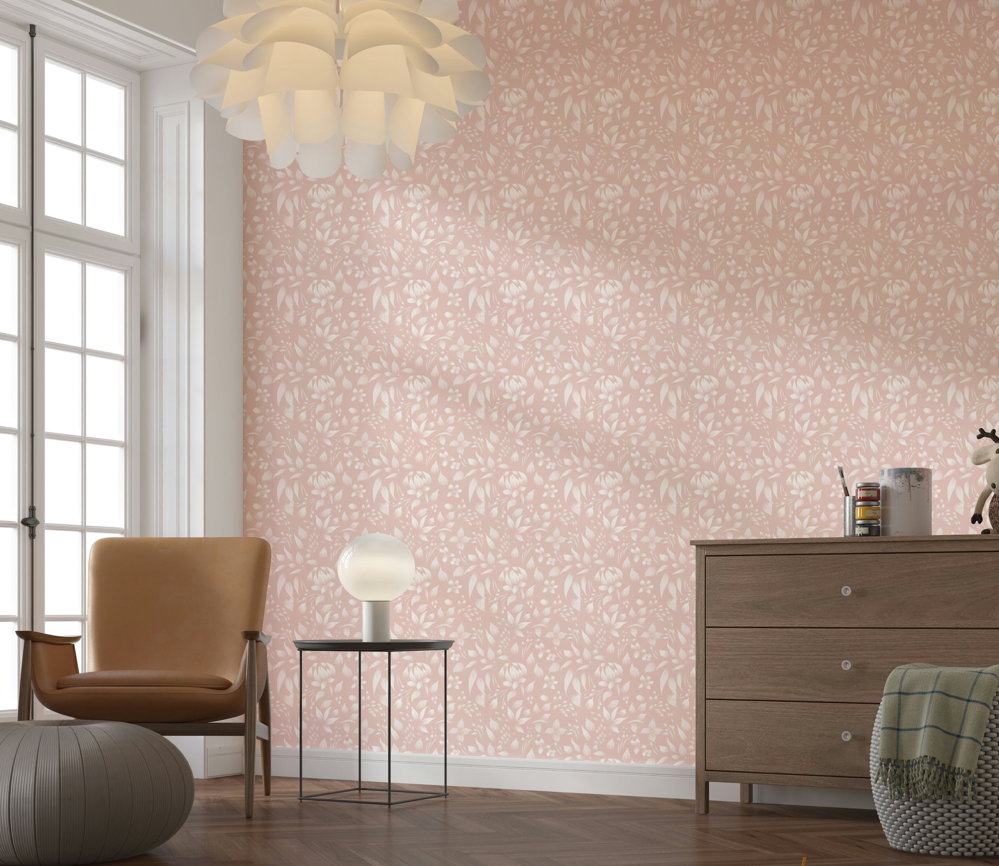 A minimalist blush wallpaper decorated with small blooming flowers for a serene spring look.