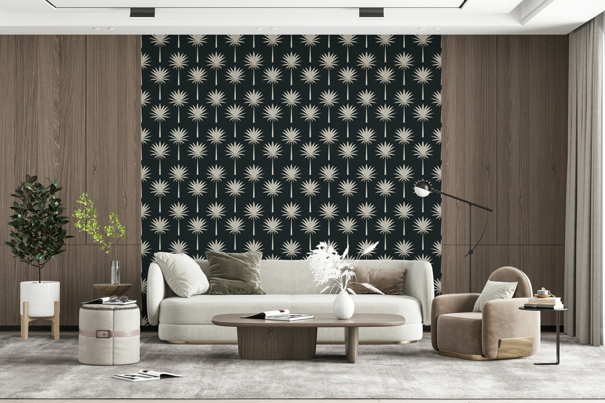 Elegant Luxe Palms print; sophisticated wallcovering, vintage tropical design.