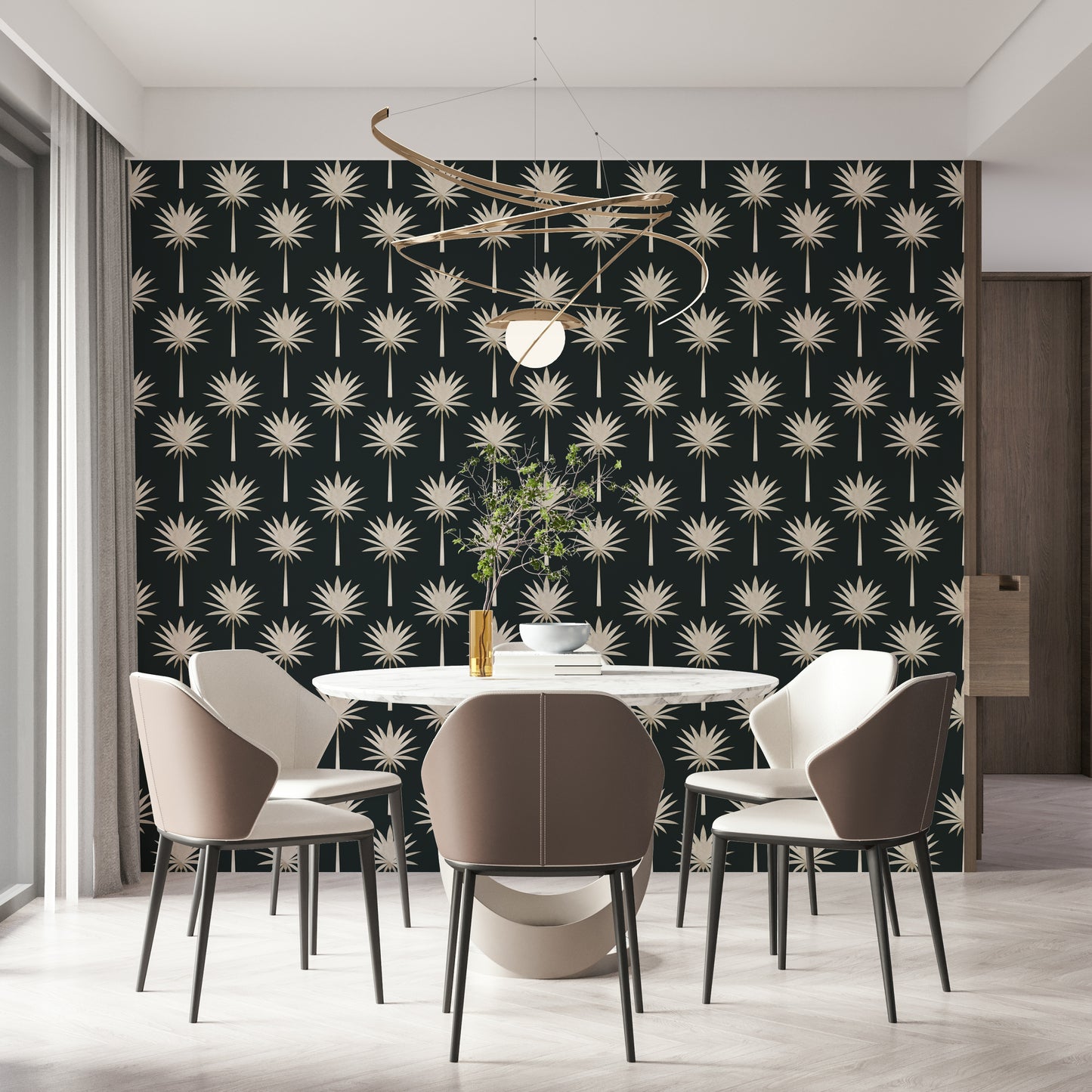 Shimmering Luxe Palms Flair pattern, luxurious interior accent wall covering.