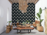 Luxe Palms mural with elegant fan fronds on a deep charcoal background.