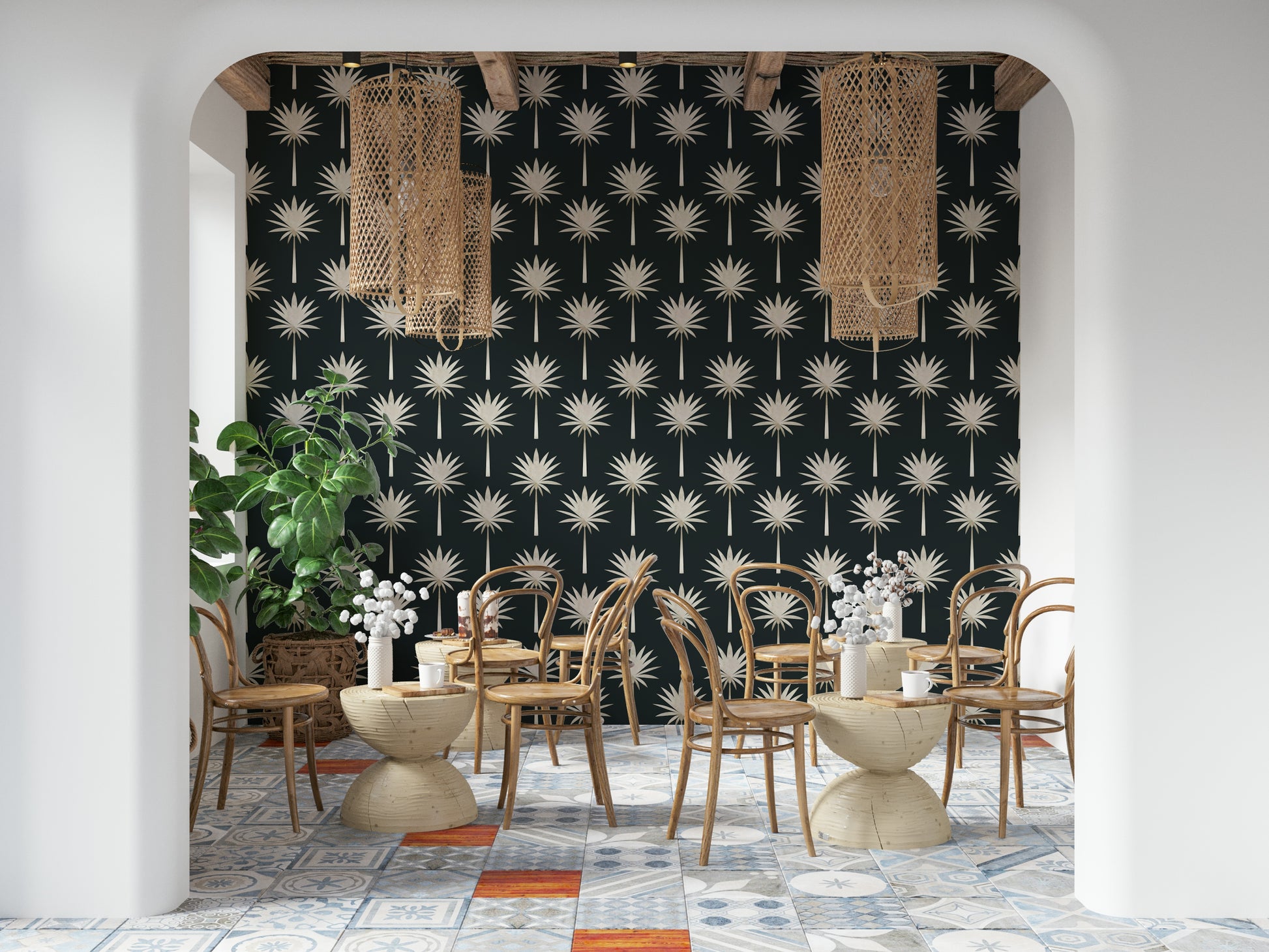Statement Luxe Palms wall mural featuring stylized, symmetrical palm plants.