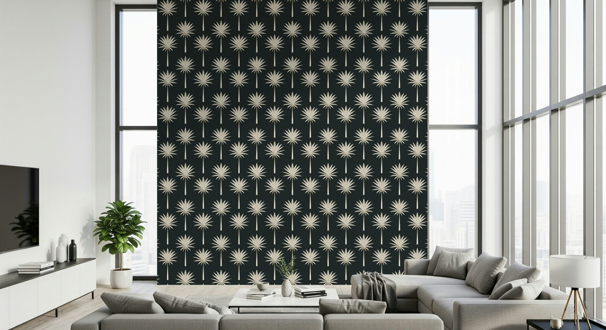 Hand-drawn look Art Deco Tropical wallpaper, perfect for striking home decor.