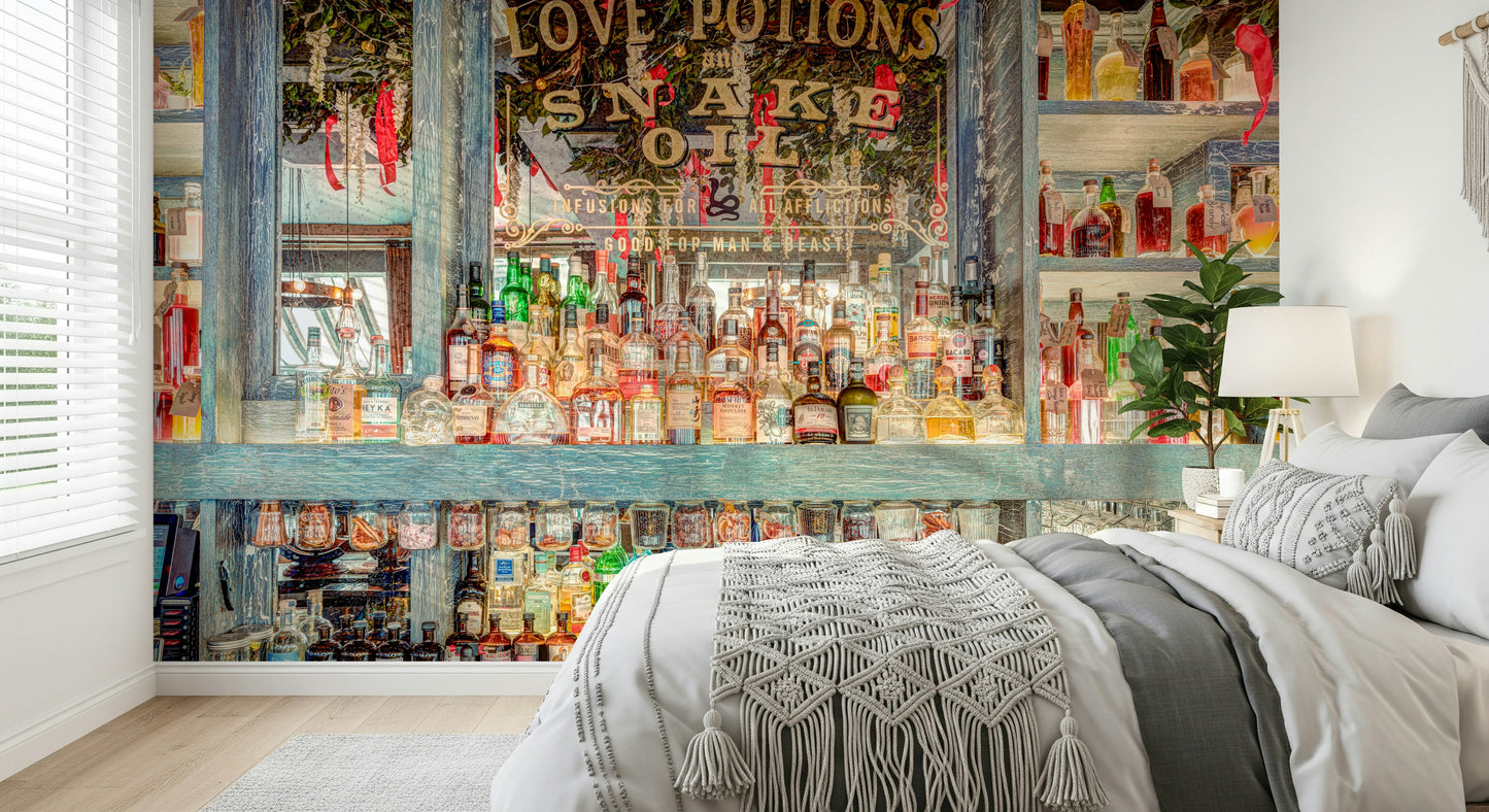 Vibrant Elegant Bar Interior wall covering Intricate bar shelving and red ribbons.