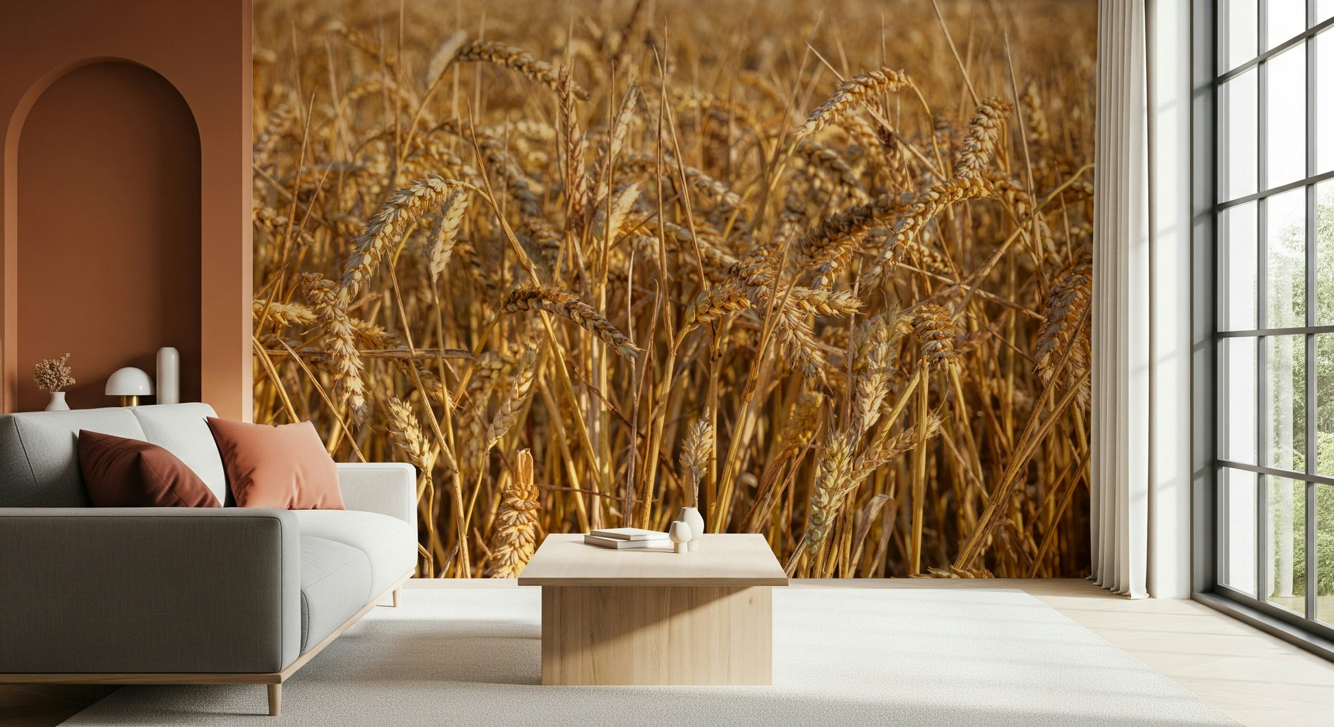 Warm golden mural wallpaper, detailed wheat ears, Golden Wheat Field Bliss.