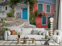 Coastal Cottage Charm: Rustic European town square wallpaper.