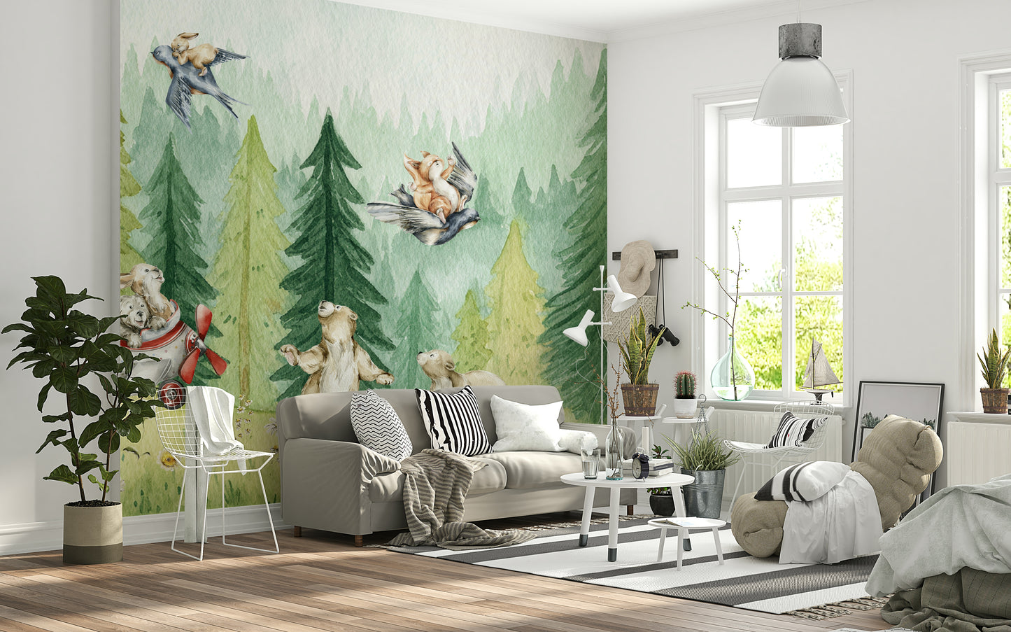 Whimsical wall mural of woodland creatures flying airplanes and birds.