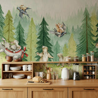 Wall mural showing adorable forest animals soaring through the pine trees.