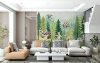 Cute cubs and rabbits playing in a forest clearing, a cheerful mural.